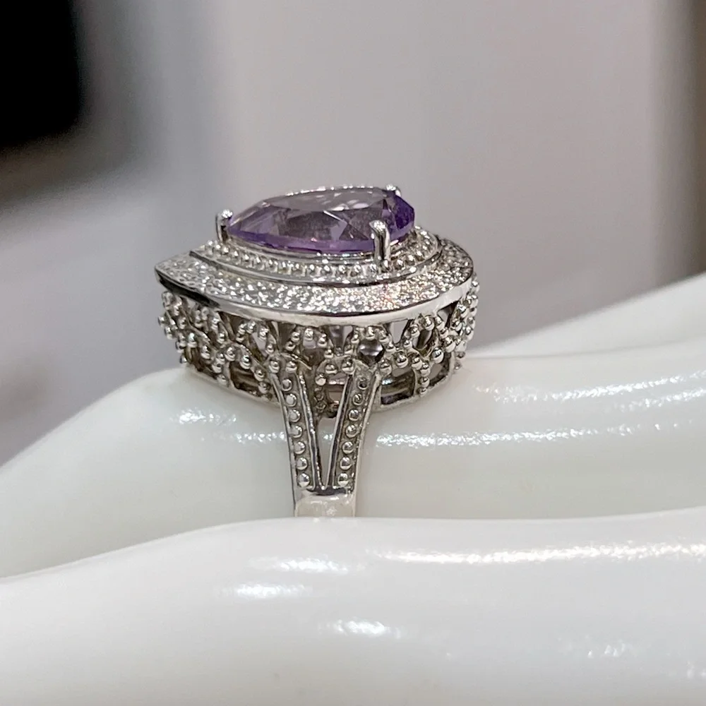 Rose de France Amethyst Pear Shaped Sterling Silver Ring Sz 8